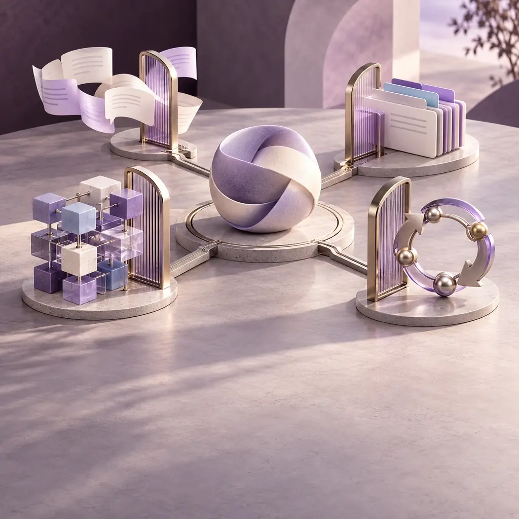 Four plum and lavender sculptural work modes pass through separate silver gates around a central woven form, representing distinct AI authority budgets.