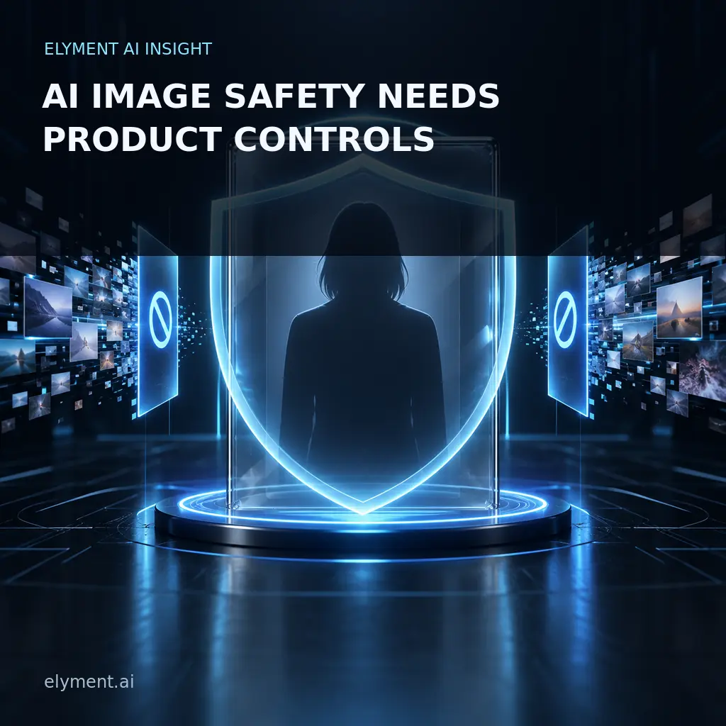 A neutral portrait silhouette is protected by a luminous cyan consent shield as synthetic image fragments stop at controlled gates beneath the headline AI Image Safety Needs Product Controls.