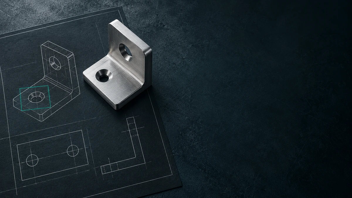 A brushed aluminium mounting bracket beside a corresponding technical drawing, with a restrained teal marker identifying a bolt hole. Conceptual editorial artwork about visual evidence.