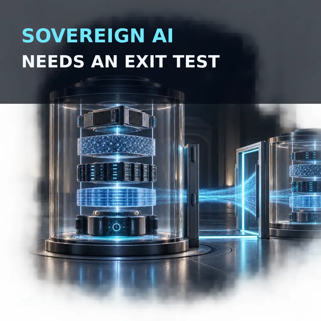 A modular AI core inside a transparent control vault connects through a verified exit pathway beneath the headline Sovereign AI Needs an Exit Test.