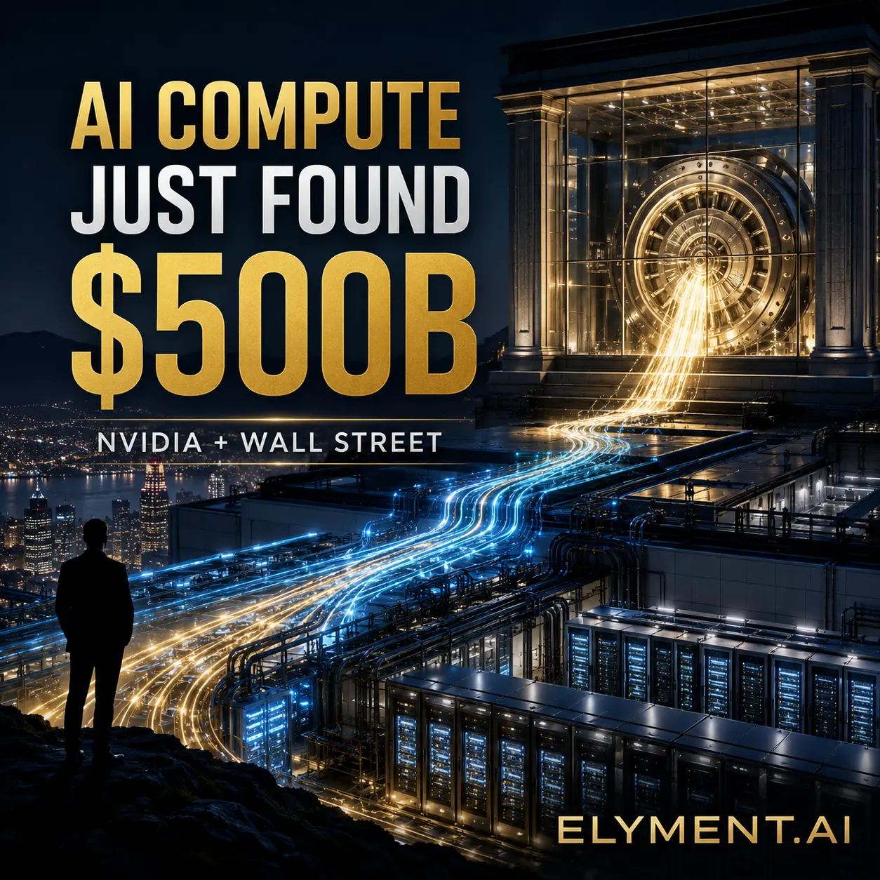 A cinematic AI factory receiving streams of capital from a glowing institutional-finance vault, illustrating NVIDIA's AI compute financing plan.