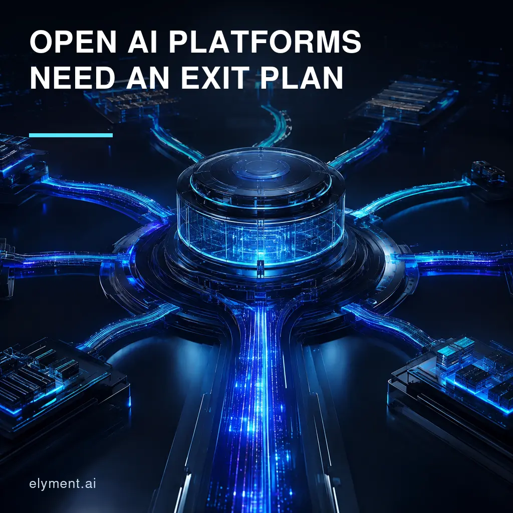 A luminous open-model repository hub branches towards several independent compute routes beneath the headline Open AI Platforms Need an Exit Plan.