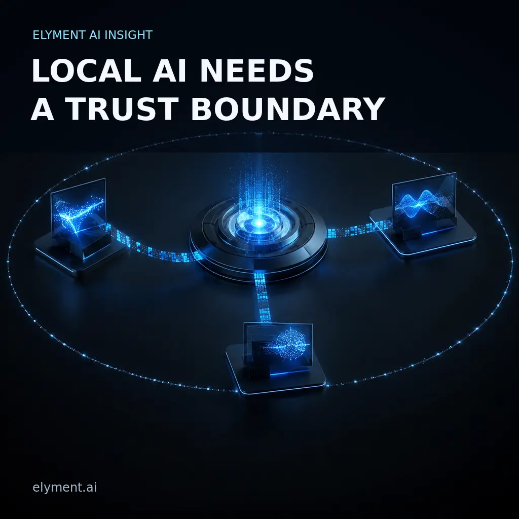 Three local computer nodes route separate AI inference jobs through a luminous private network beneath the headline Local AI Needs a Trust Boundary.