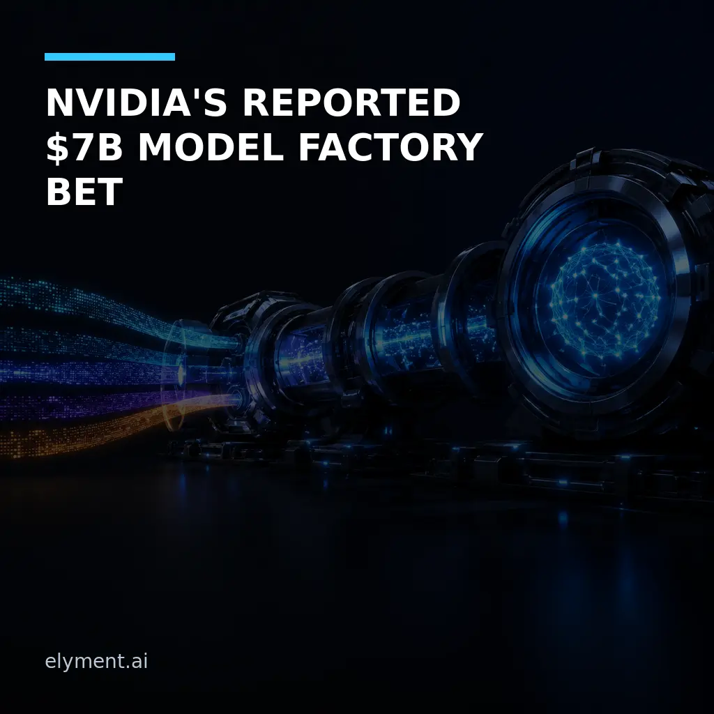 A luminous AI model factory pipeline turns streams of code, data and evaluation signals into a refined model core beneath the headline NVIDIA's Reported $7B Model Factory Bet.