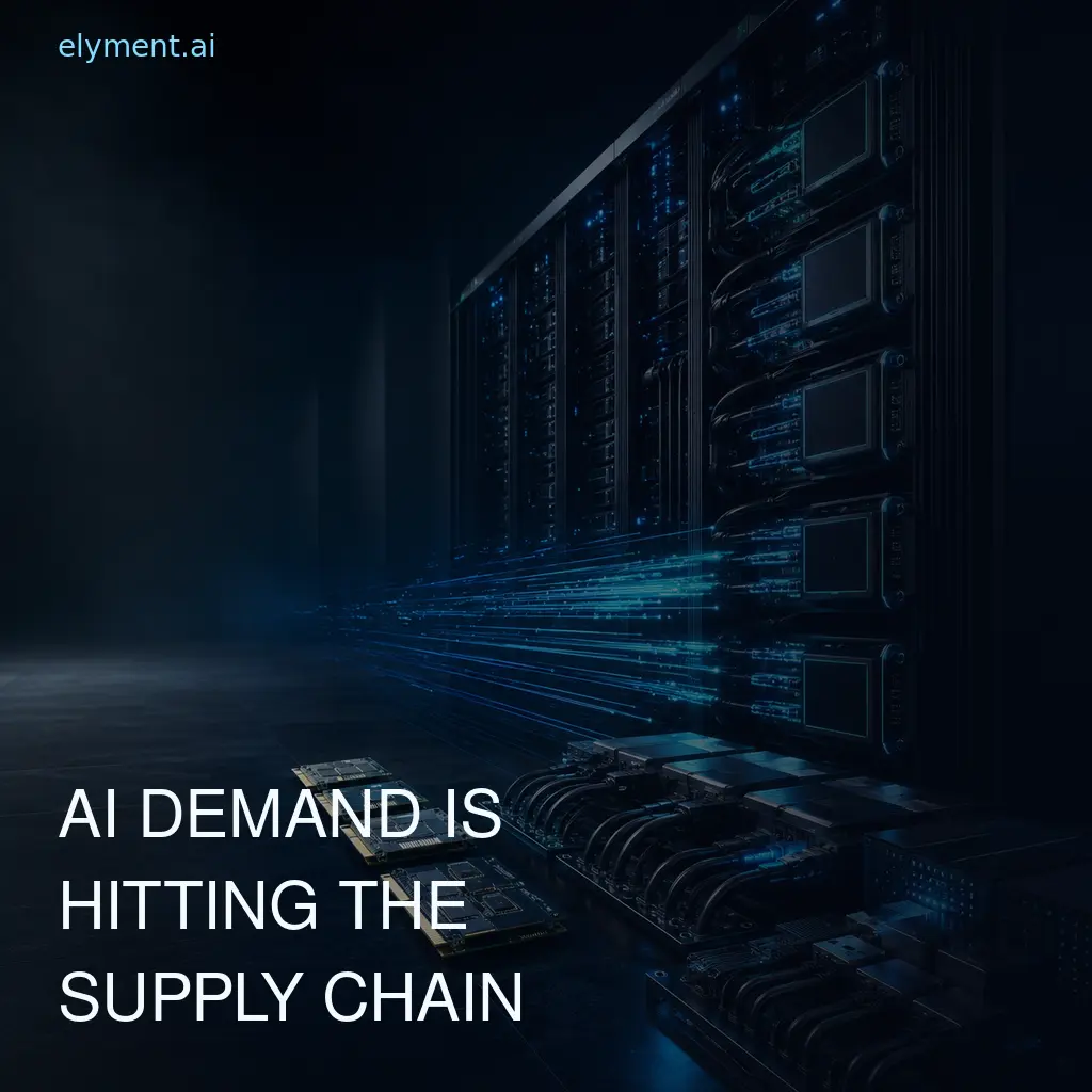 A cinematic AI data centre and constrained hardware supply path beneath the headline AI Demand Is Hitting the Supply Chain.