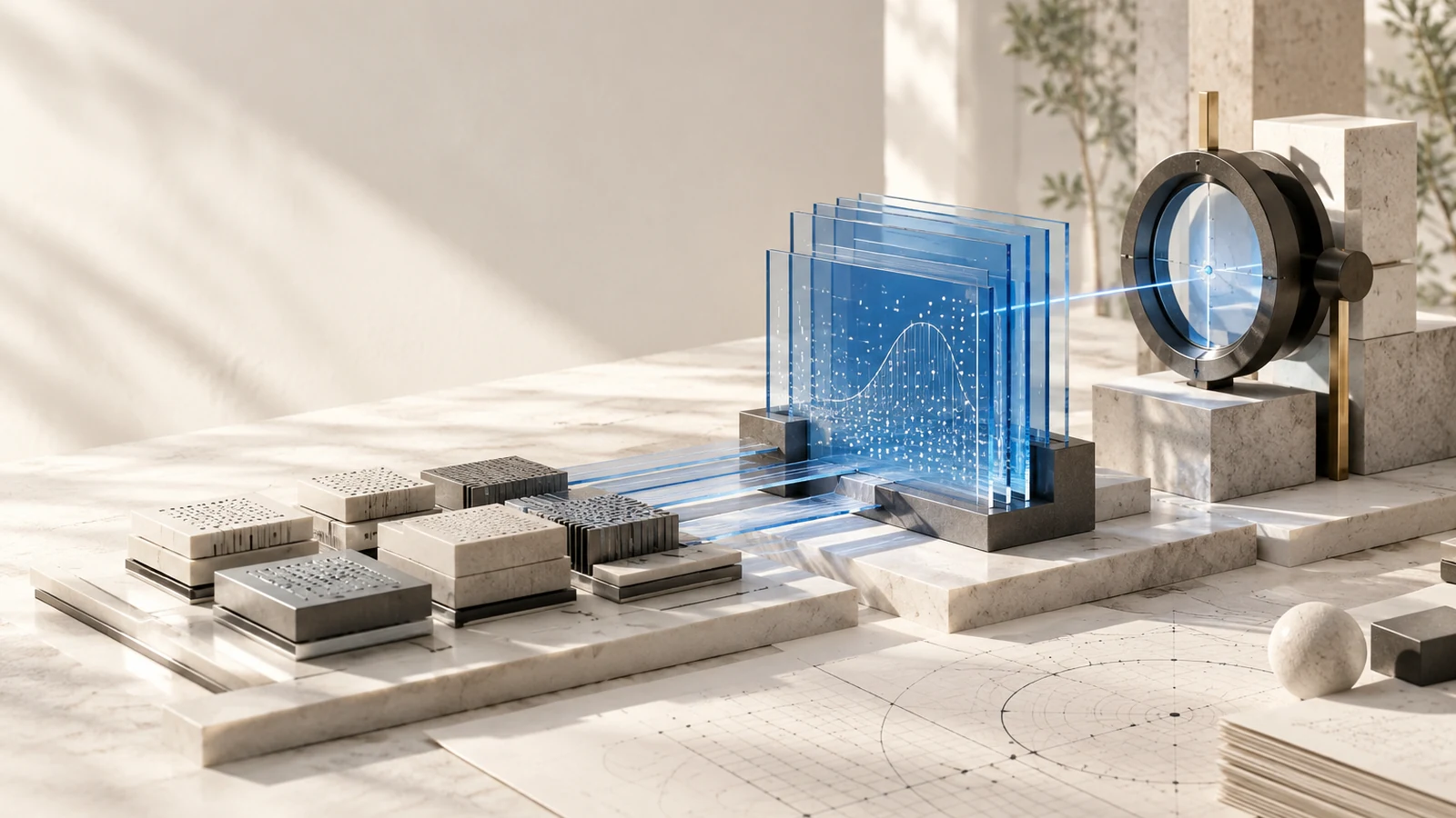 An ivory editorial research bench shows ceramic compute tiles feeding blue evidence panels towards a calibrated measurement aperture.