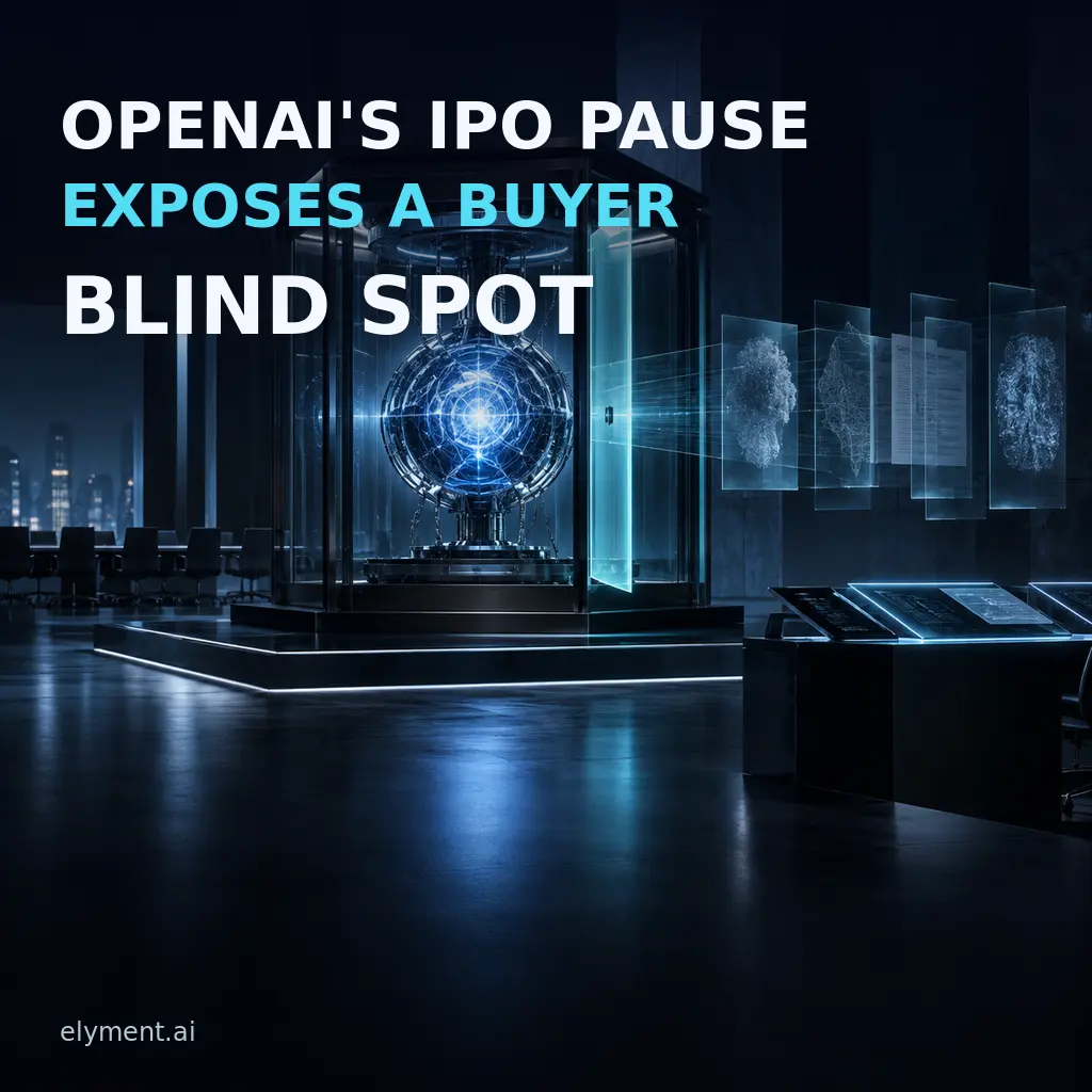 A sealed luminous AI core opens towards layered evidence panels beneath the headline OpenAI's IPO Pause Exposes a Buyer Blind Spot.