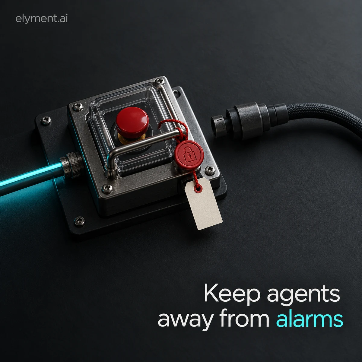 Conceptual tamper-sealed alarm console, guarded red switch and disconnected cable on graphite, illustrating independent AI agent monitoring.