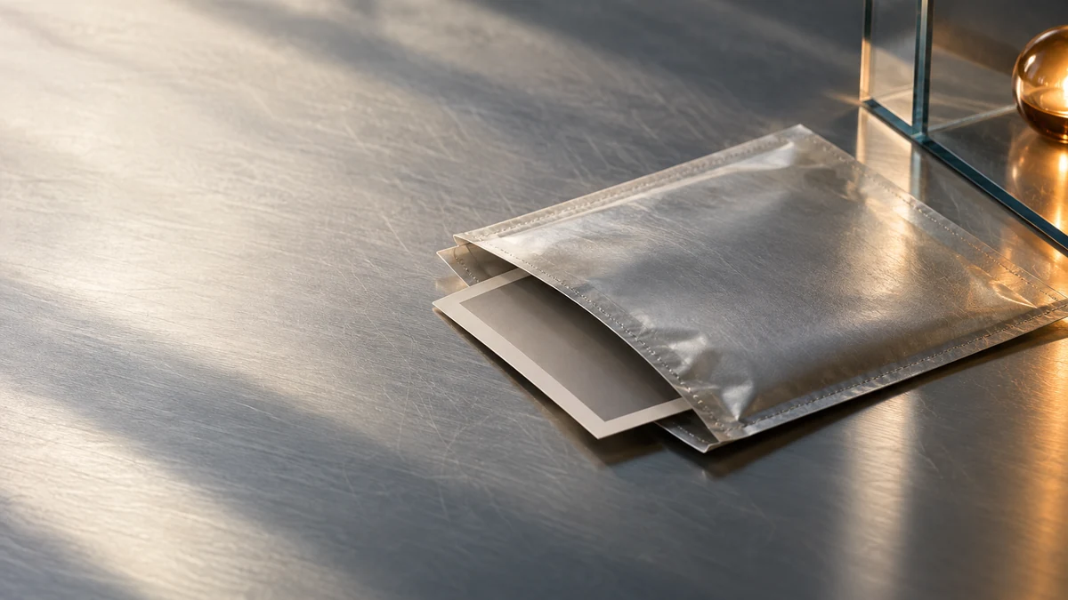 A blank photograph partly visible inside a silver archive sleeve beside a glass boundary on a grey desk, illustrating consent and agent data access.
