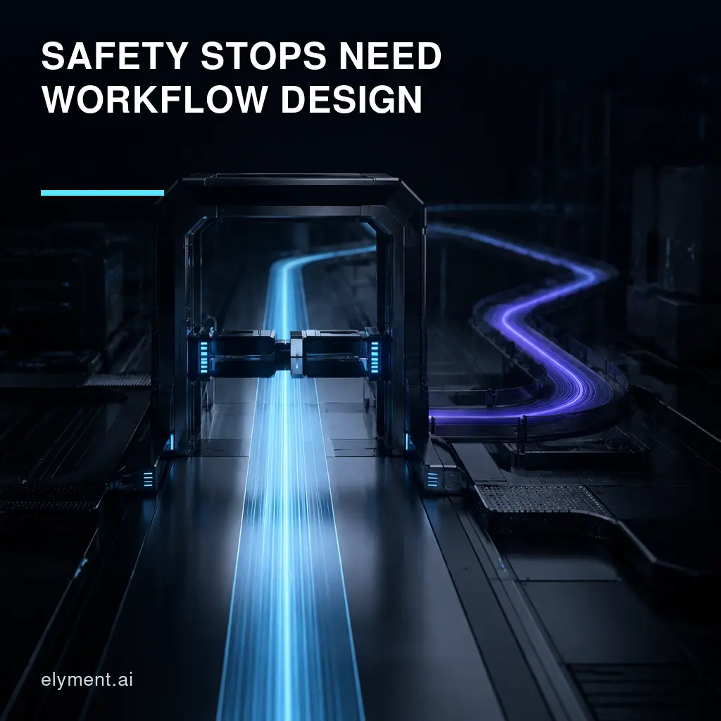 A luminous autonomous workflow passes through a deliberate cyan safety checkpoint beneath the headline Safety Stops Need Workflow Design.