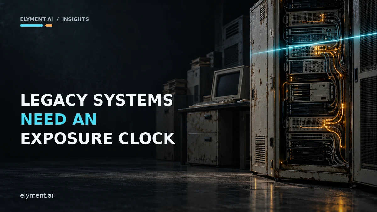 An ageing government server cabinet and legacy terminal illuminated by a cyan scan line and amber diagnostic paths on a dark graphite background.