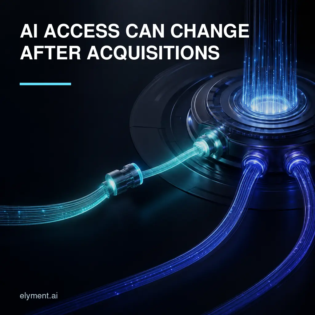 A luminous AI service hub with one cyan conduit disconnecting while two blue fallback routes remain active beneath the headline AI Access Can Change After Acquisitions.