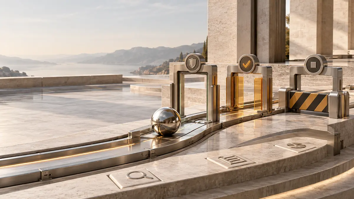 A polished silver agent sphere moves through an amber approval gate on a stone control deck, representing authority limits for always-on AI agents.