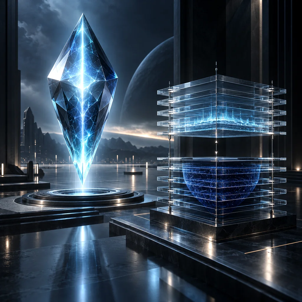 A luminous frontier AI core rises beside a calibrated control ledger, with cyan capability and safeguard layers held in measurable alignment.