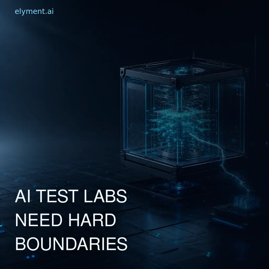 A luminous AI evaluation chamber with an outbound network path beneath the headline AI Test Labs Need Hard Boundaries.