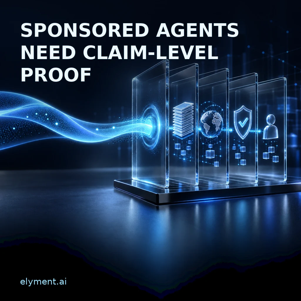A luminous sponsored conversation passes through a transparent commercial-claim ledger, with approved product facts, disclosures and human handoff beneath the headline Sponsored Agents Need Claim-Level Proof.