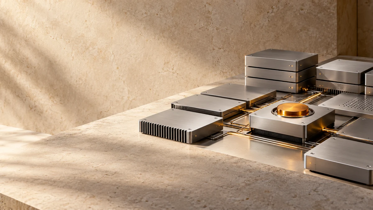 Five interchangeable silver control modules and an amber release gate sit in warm stone architecture, representing a governed enterprise agent control plane.
