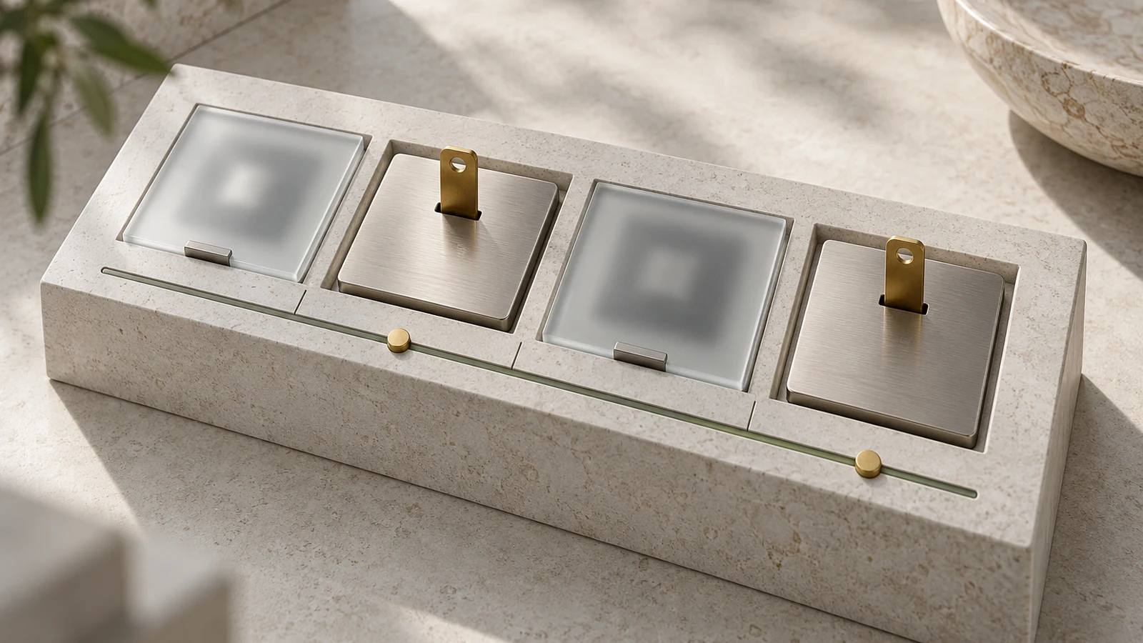 A pale stone enterprise access console with four model tiles, two unlocked by brass key tabs and two sealed behind frosted shutters, representing workload-specific AI permissions.