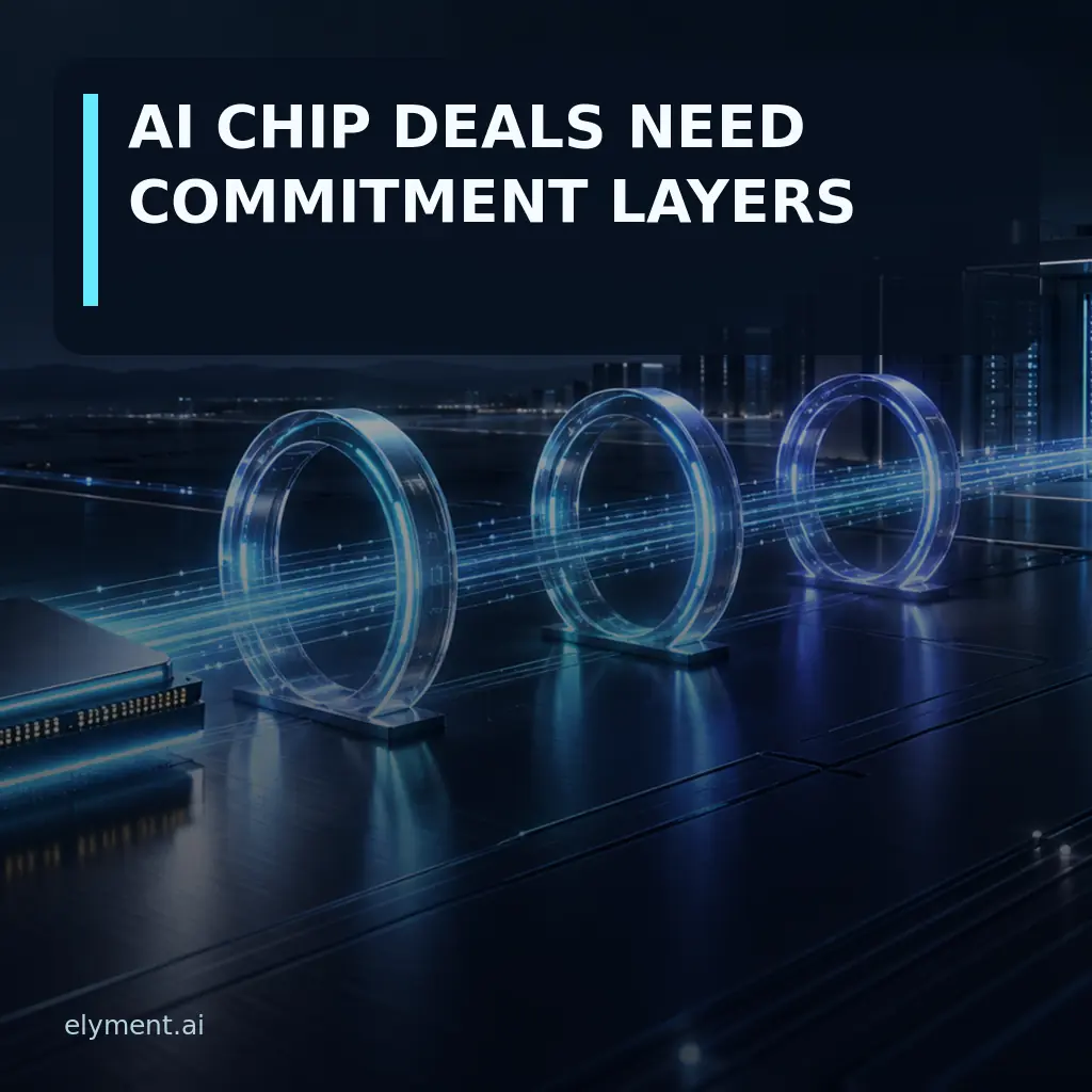 A luminous AI chip passes through three transparent commercial milestone gates towards a cloud data centre beneath the headline AI Chip Deals Need Commitment Layers.