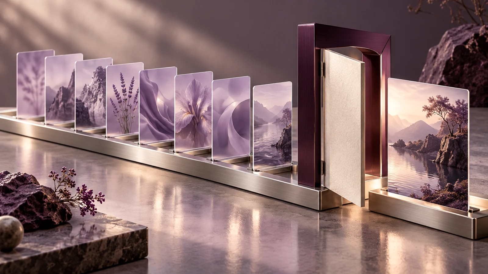 Eight translucent lavender image plates move along a silver rail towards a dark plum licence gate, with a finished image beyond it, representing fast AI image generation that still needs commercial permission.