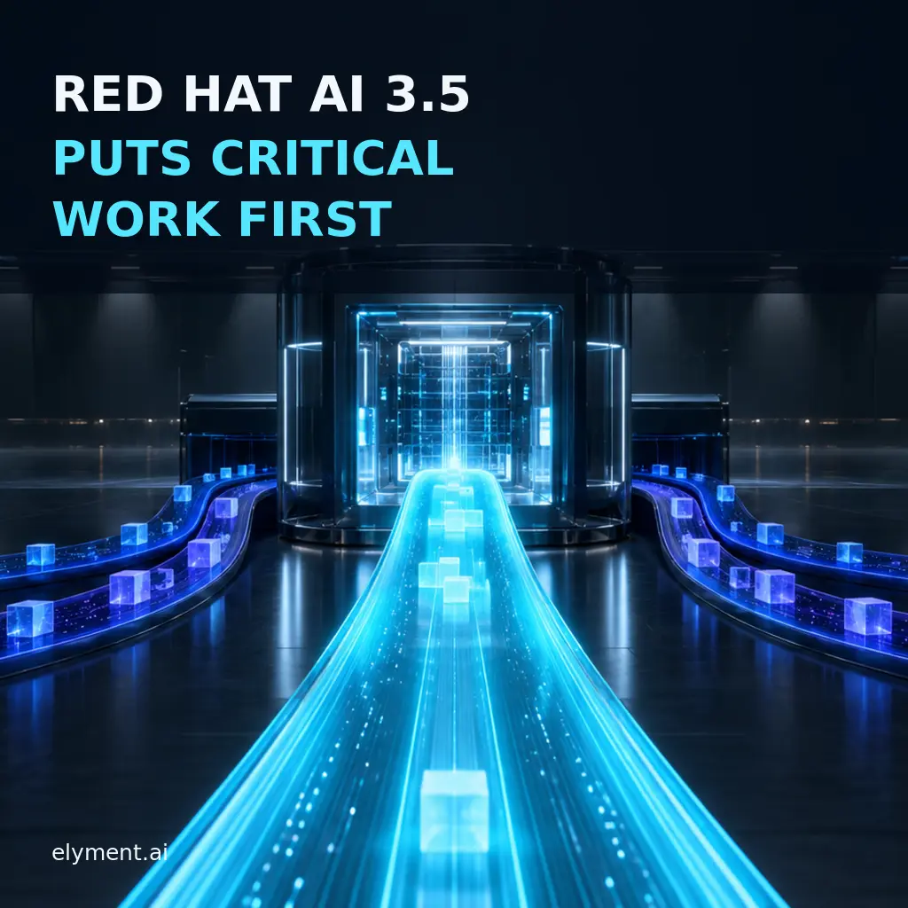 A cyan critical workload lane moves through a shared inference gateway while lower-priority blue lanes queue beneath the headline Red Hat AI 3.5 Puts Critical Work First.