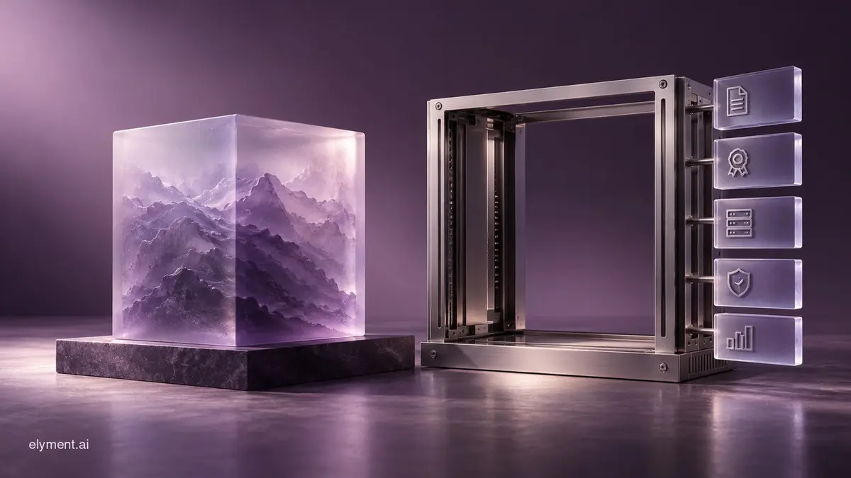 A sealed translucent lavender model block sits beside an open plum deployment frame and five verification tabs. Conceptual editorial artwork about verifying an open-weight model release.