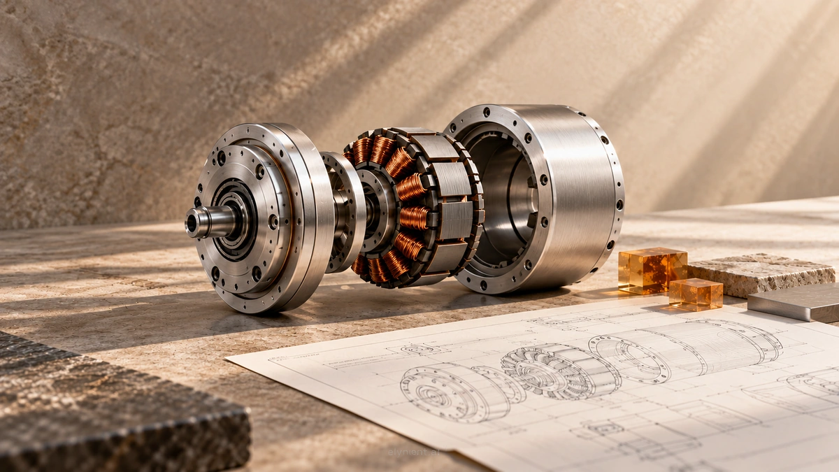 An exploded brushed-silver robot actuator, copper windings and engineering drawings on a stone workbench illustrate reproducible robotics releases. Conceptual artwork, not a depiction of RP1.