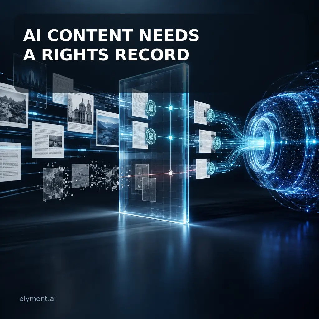Journalism documents pass through a luminous cyan rights ledger before entering an abstract AI core beneath the headline AI Content Needs a Rights Record.