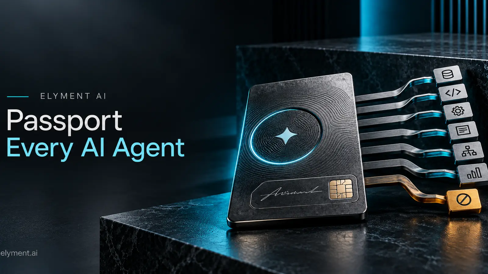 A graphite editorial scene shows a signed AI agent credential feeding six scoped authority rails into approved tools, with an amber revocation control.