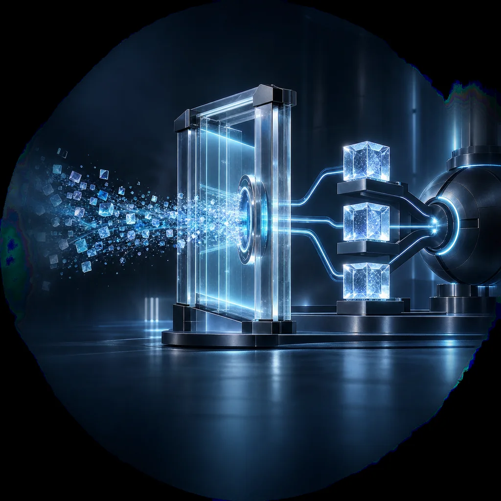 Luminous data fragments pass through a transparent verification gate and emerge as auditable evidence blocks connected to an AI core.