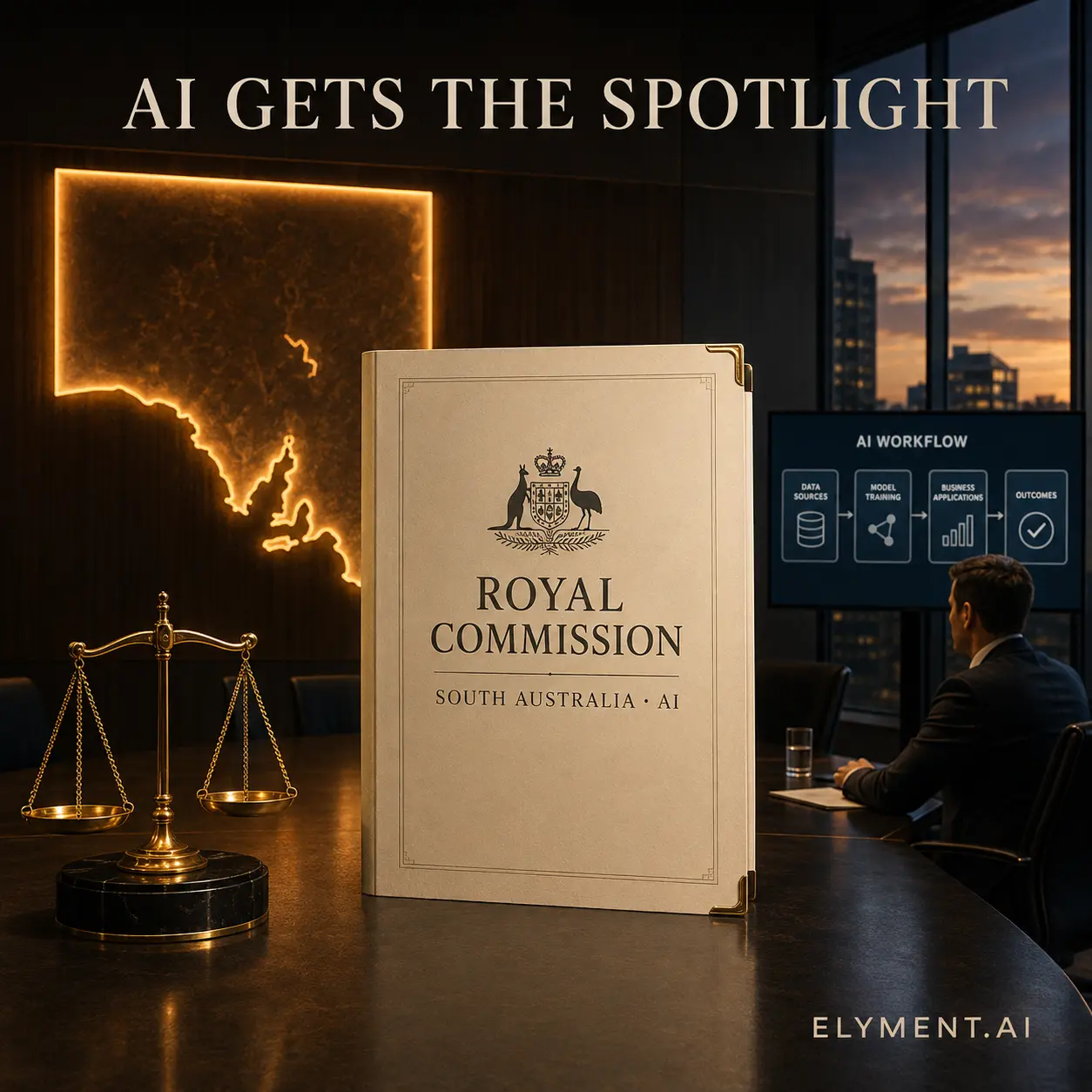 A Royal Commission folio marked South Australia AI stands beside a glowing South Australia map, scales of justice and a business AI workflow display.
