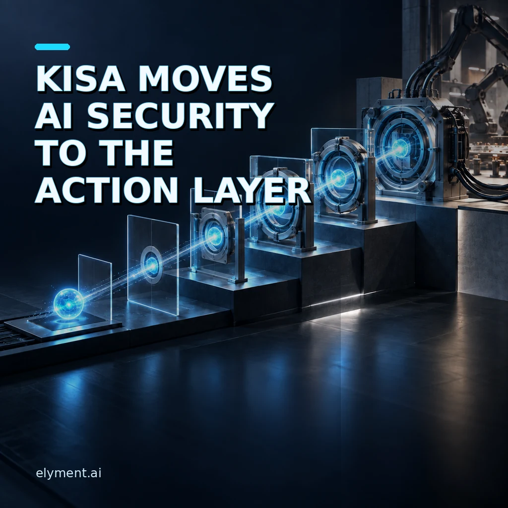 Six luminous security gates rise from a digital assistant toward industrial machinery beneath the headline KISA Moves AI Security to the Action Layer.