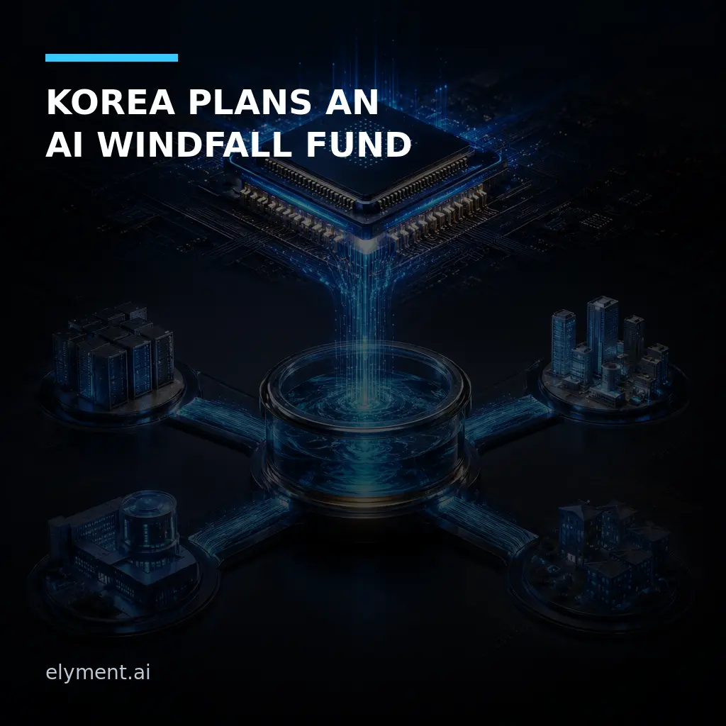 A luminous semiconductor feeds a transparent investment reservoir connected to future-growth pathways beneath the headline Korea Plans an AI Windfall Fund.
