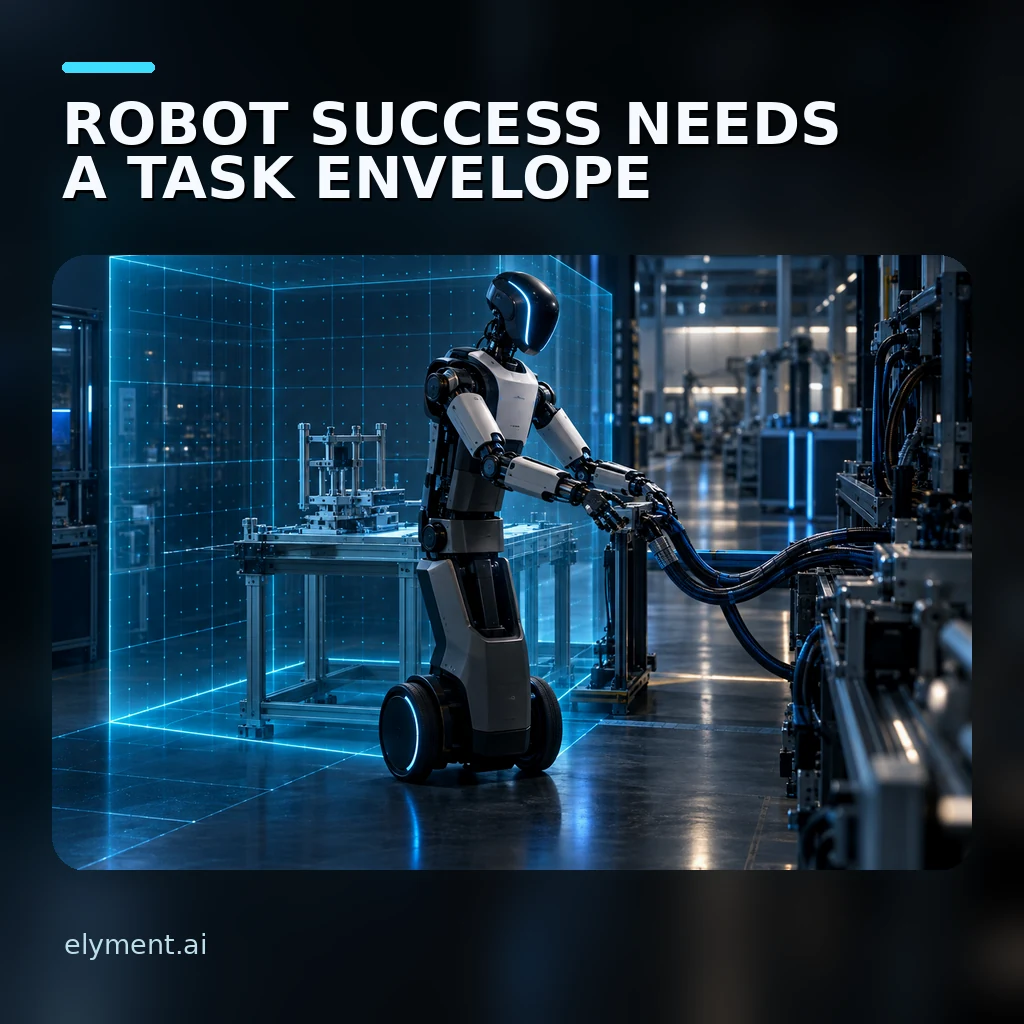 A wheeled humanoid works with flexible factory cables as a cyan test volume marks its validated task envelope beneath the headline Robot Success Needs a Task Envelope.
