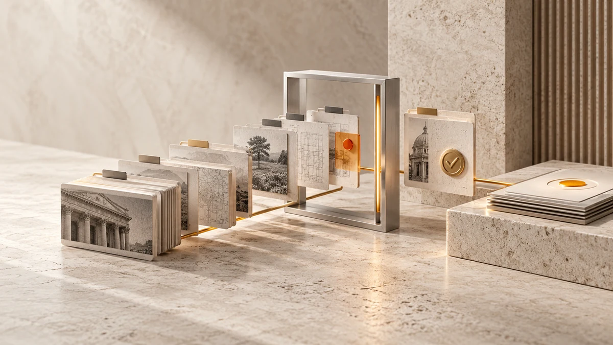 Archival knowledge cards pass through a brushed-silver validation frame toward an amber expert approval marker on warm stone.