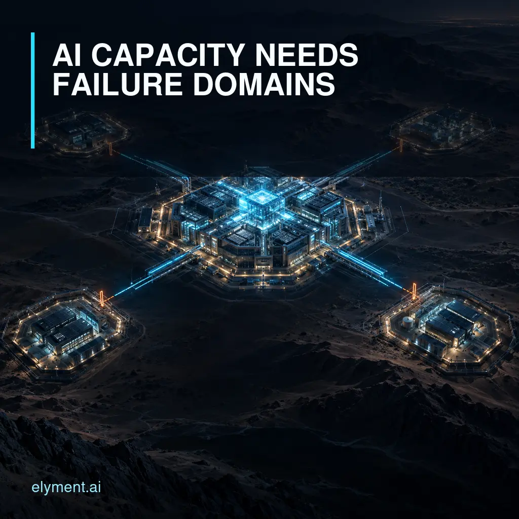 A concentrated luminous AI campus divides into four connected hardened data-centre nodes beneath the headline AI Capacity Needs Failure Domains.