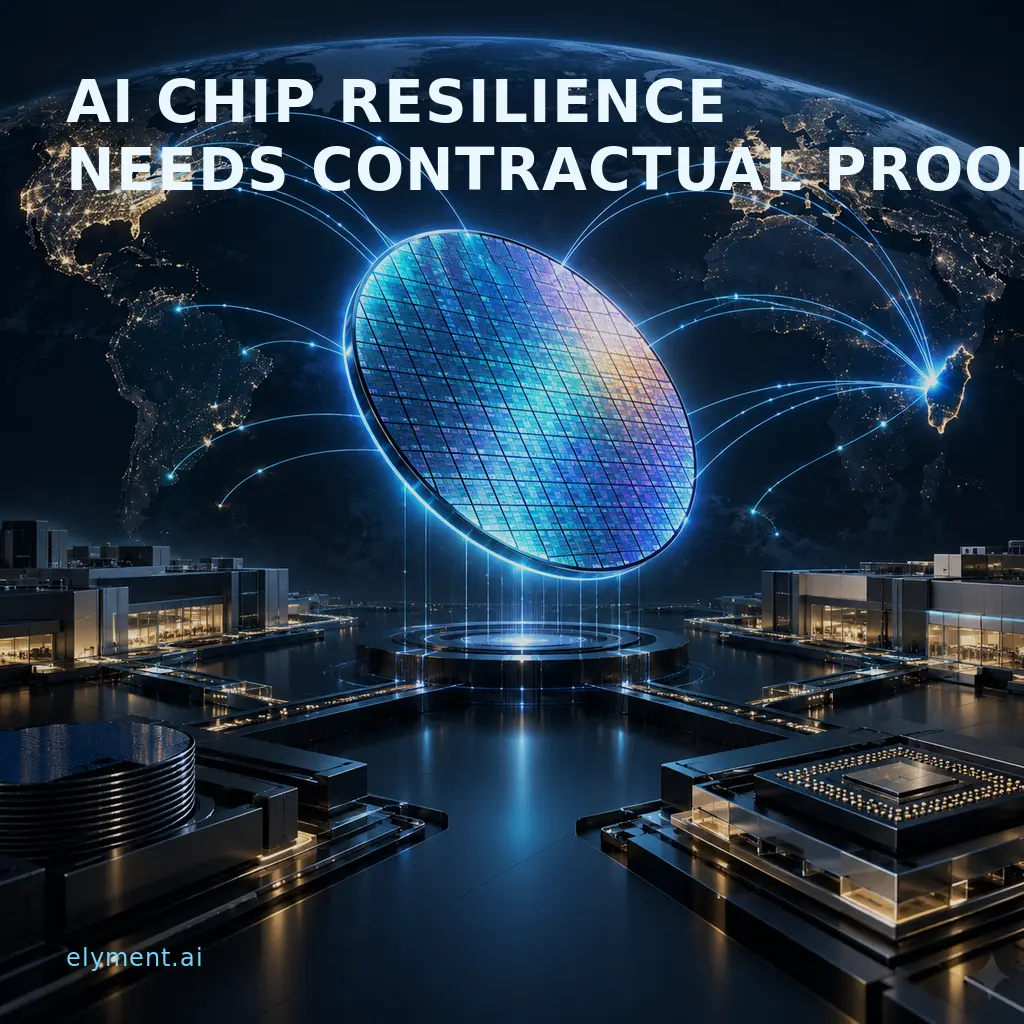 A luminous semiconductor wafer connects Taiwan, North America and Europe through verified supply routes beneath the headline AI Chip Resilience Needs Contractual Proof.