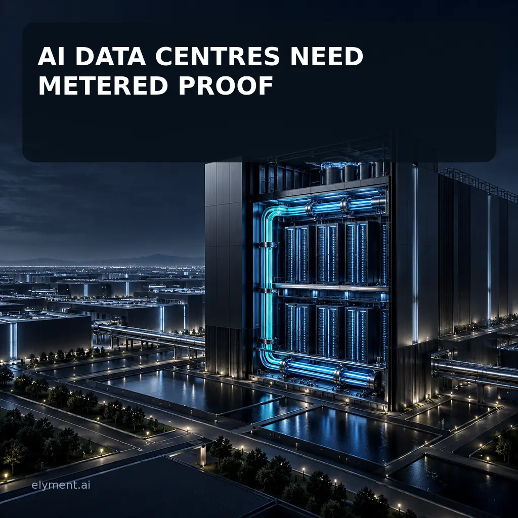 A monumental AI compute block is crossed by luminous cyan power, cooling and measurement channels beneath the headline AI Data Centres Need Metered Proof.