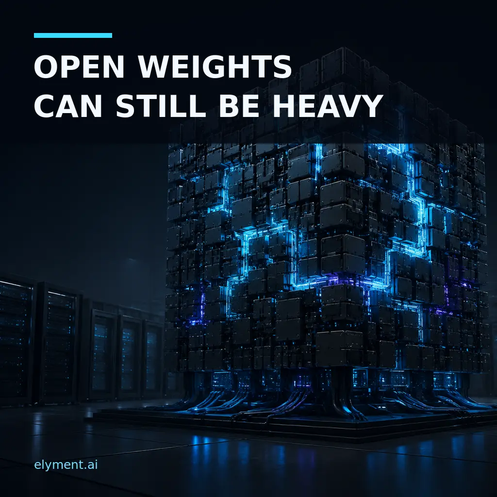 A vast modular AI model core inside a dark data-centre stack beneath the headline Open Weights Can Still Be Heavy.