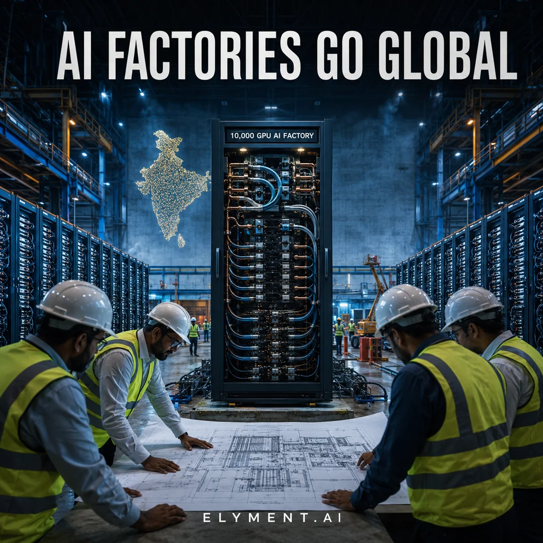 Engineers review plans in a Chennai AI factory beside a labelled 10,000-GPU compute rack, with an illuminated India map behind them.