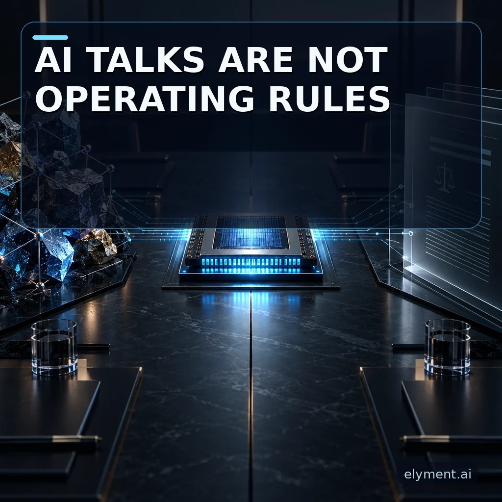 A luminous AI chip sits between a critical-mineral lattice and regulatory documents on a dark negotiation table beneath the headline AI Talks Are Not Operating Rules.