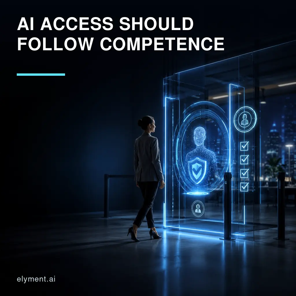 A professional approaches a luminous AI access gateway with a competence checklist beneath the headline AI Access Should Follow Competence.