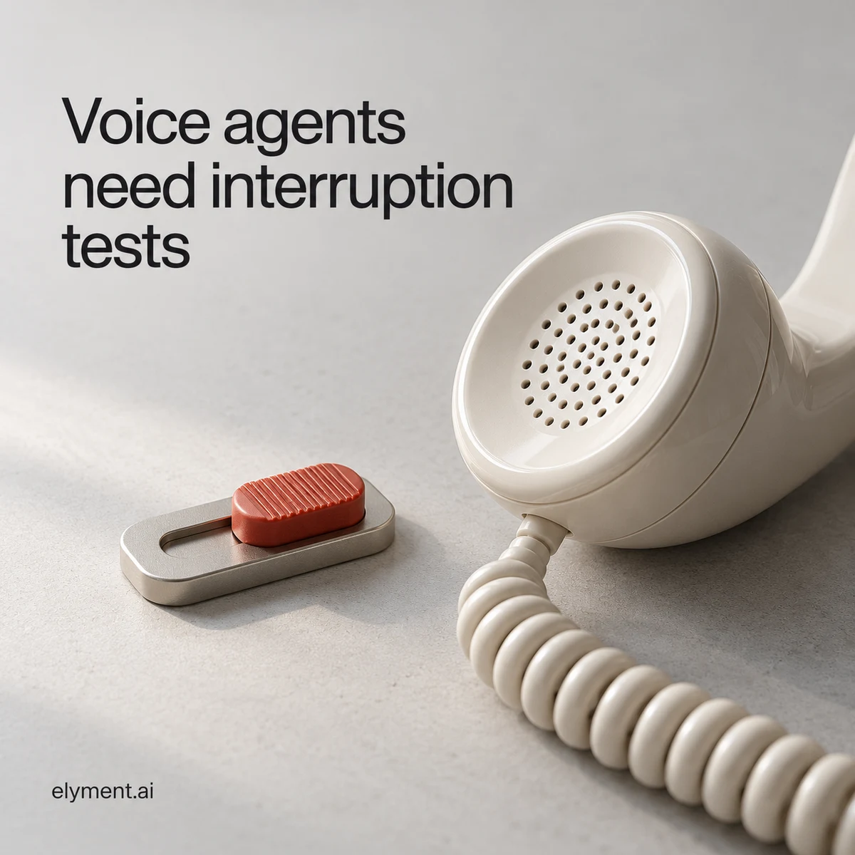 Conceptual ivory telephone handset and vermillion pause slider on a pale grey surface, illustrating voice-agent interruption tests.