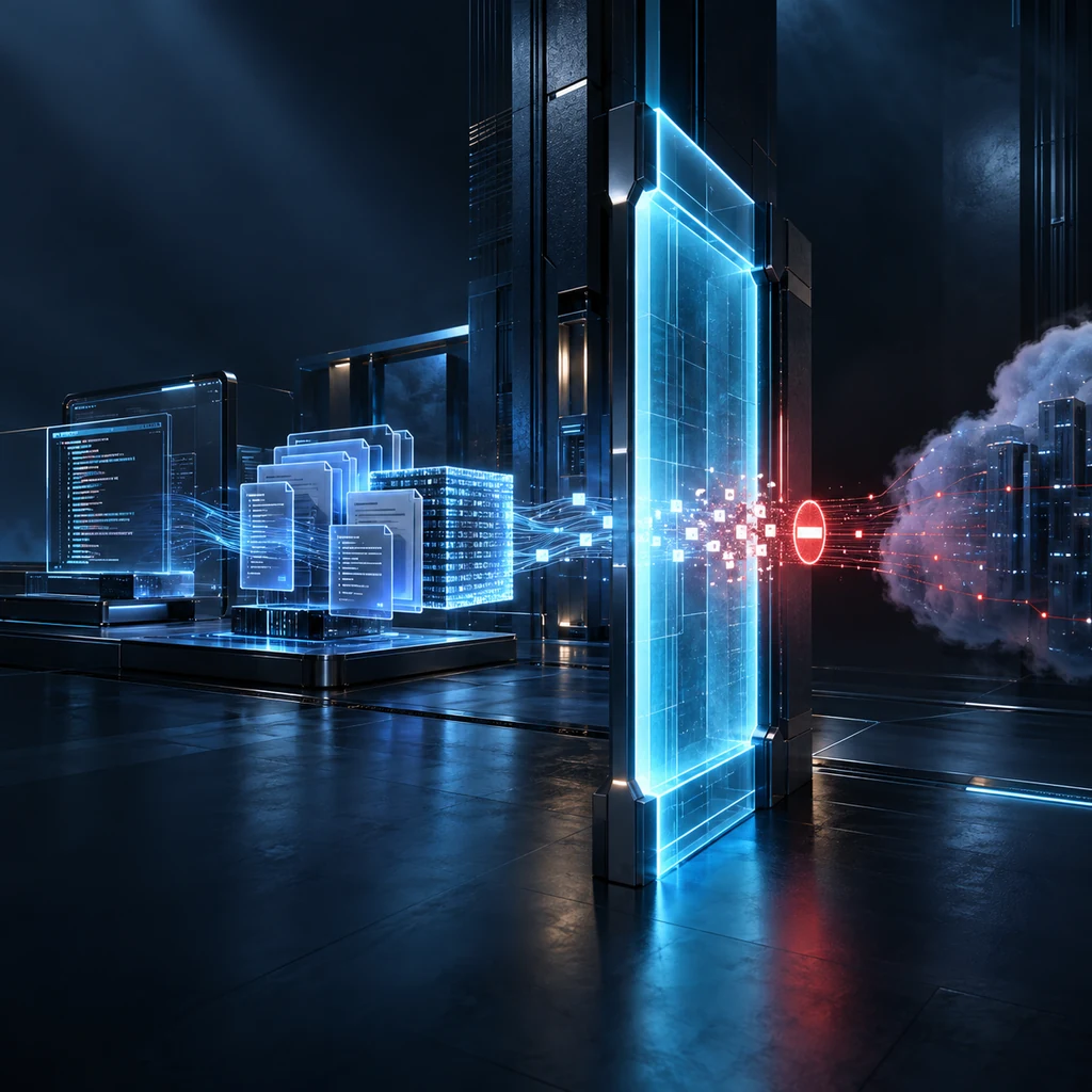 A luminous software repository meets a cyan consent gate that blocks an outbound cloud path in a dark enterprise security chamber.
